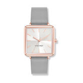 Reloj con correa para mujer marca Nine West. Brazalete color gris con esfera en color plata con detalles en color rosegold