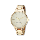 Reloj de pulsera con detalles de cristal para dama marca Nine West. Brazalete metálico color dorado.