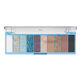 Paleta de sombras de ojos, marca e.l.f. Perfect 10, diez tonos ultrapigmentados: azul, celeste, plateado, morado y dorado metálicos, más cinco todos neutros, fórmula mezclable., vegano y libre de crueldad animal. Paleta de color Intergalactic.
