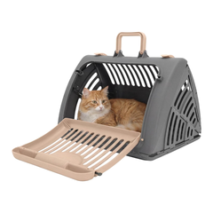 SportPet Designs - Transportador plegable para gatos, para viaje, de plástico, puerta delantera, color gris y beige, mediano.