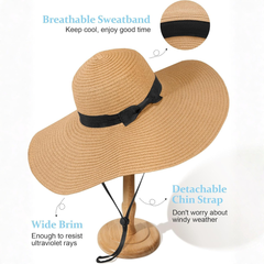 Sombrero de sol para mujer, de gran tamaño, de ala ancha, plegable, enrollable, para vacaciones de verano, sombrero para playa con protección UPF 50+