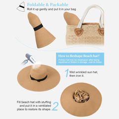 Sombrero de sol para mujer, de gran tamaño, de ala ancha, plegable, enrollable, para vacaciones de verano, sombrero para playa con protección UPF 50+