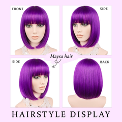 Peluca estilo Bob, color Morado Oscuro con Flequillo, marca MAYSA, de 12” (30cm). Peluca Sintética, Ideal para Cosplay, disfraz de Shakira y Uso Diario.