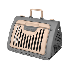 SportPet Designs - Transportador plegable para gatos, para viaje, de plástico, puerta delantera, color gris y beige, mediano.