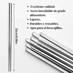 Palillos metálicos de acero inoxidable de alta calidad, reutilizables, aptos para lavavajillas, ligeros, antideslizantes, fáciles de usar, excelentes para el hogar y cocina. Palillos Chinos. Palillos Coreanos.