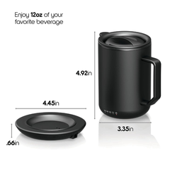ionMug y posavasos de carga: taza de café de acero inoxidable con autocalentamiento y tapa (12 oz), 3,5" x 3,5" x 5"