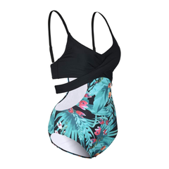 Firpearl Traje de baño de una pieza para mujer Push Up Bikini recortado, monokini. Una pieza con diseño de hojas rosada y azul.