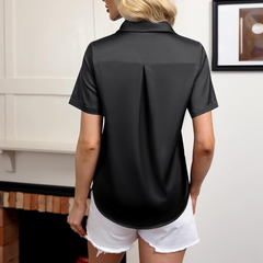 Camisa de satén con botones para mujer, blusa de tela tipo seda con cuello en V, camisa casual de manga corta, ropa para oficina y trabajo.