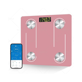 Báscula digital inteligente con pantalla LED, práctica báscula de medición de grasa corporal, báscula de baño con aplicación para teléfono inteligente, color rosa.