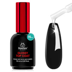 Beetles Glossy Gel Top Coat No Wipe, Top Coat Gel transparente efecto Glossy para esmalte en gel. Acabado ultra glossy. Manicura de larga duración. Top Coat, Soak Off, UV LED Lamp.