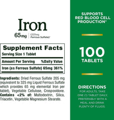 Nature's Bounty suplemento de Hierro / Iron de 65 mg., sulfato de hierro, bote de 100 tabletas.