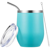 Vaso para vino de acero inoxidable con tapa, de 12 onzas, pared doble aislada al vacío, para café, vino, cócteles, helado, con tapa. (Color Celeste)