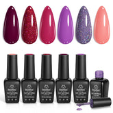Esmaltes en gel marca Beetles - Colección otoño e invierno Damm Charm, 6 colores diferentes: color morado, rojo borgoña con brillantina y más. Esmalte en GEL para uñas UV – LED.