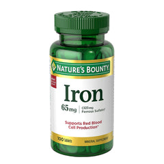 Nature's Bounty suplemento de Hierro / Iron de 65 mg., sulfato de hierro, bote de 100 tabletas.