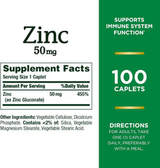 Nature's Bounty  - Zinc, apoyo inmunológico, 50 mg, comprimidos, 100 unidades