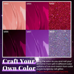 Esmaltes en gel marca Beetles - Colección otoño e invierno Damm Charm, 6 colores diferentes: color morado, rojo borgoña con brillantina y más. Esmalte en GEL para uñas UV – LED.