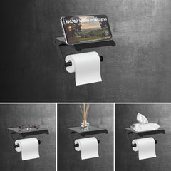 Portarrollos de papel higiénico de metal marca Gunoze, de alta calidad para montaje en pared con estante para teléfono, soporte de papel ajustable en 45° color negro mate. Estante para baño.