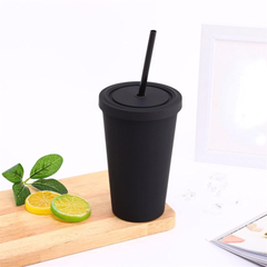 Vaso con pajilla, doble capa, adecuado para usar en verano una variedad de bebidas. Color Negro