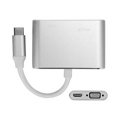 Adaptador Multipuerto tipo USB C a HDMI + VGA. Base inteligente de ultra alta definición con VGA. Color plateado.