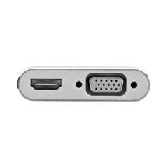 Adaptador Multipuerto tipo USB C a HDMI + VGA. Base inteligente de ultra alta definición con VGA. Color plateado.