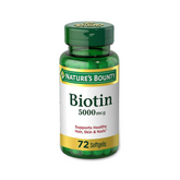 Cápsulas blandas de Biotin. Cápsulas de Biotina marca Natures Bounty. Cápsulas de Biotin de 5000mcg, (0,00018 oz).