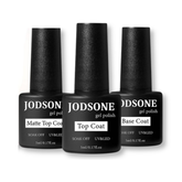 Set de Base coat + Top coat + Top coat mate para esmaltes de uñas en gel, marca JODSONE.Para esmaltes UV Led para una manicura en casa. Botes presentación de 5ml. cada uno.