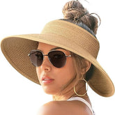 FURTALK - Sombreros enrollables de paja para mujer, con visera ancha, para la playa, para usar con cola alta en el cabello, protección contra rayos ultravioleta, plegables, para viajes y actividades en el exterior.