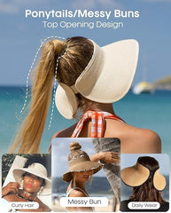 FURTALK - Sombreros enrollables de paja para mujer, con visera ancha, para la playa, para usar con cola alta en el cabello, protección contra rayos ultravioleta, plegables, para viajes y actividades en el exterior.