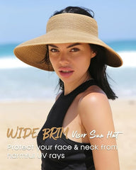 FURTALK - Sombreros enrollables de paja para mujer, con visera ancha, para la playa, para usar con cola alta en el cabello, protección contra rayos ultravioleta, plegables, para viajes y actividades en el exterior.