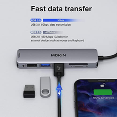 Adaptador Hub USB C compatible con MacBook Pro 2019/2018/2017, Marca MOKiN USB-C a: HDMI, lector de tarjetas SD/TF y 2 puertos USB 3.0 + 1 USB 2.0 - 6 en 1, con paso de alimentación USB-C.