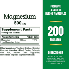 Nature's Bounty Tabletas de magnesio de 500 mg, apoya la salud ósea, muscular y nerviosa. Bote presentación de 200 tabletas.