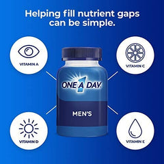 ONE A DAY Suplemento multivitamínico para hombre con vitamina A, vitamina C, vitamina D, vitamina E y zinc para apoyo a la salud inmunológica, B12, calcio y más, presentación bote de 200 unidades.