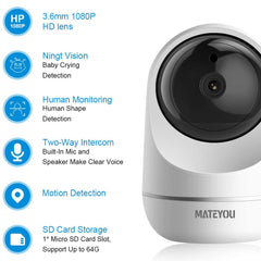 MATEYOU 1080P 2 Audio WiFi Monitor de bebé, Cámara de seguridad IP con visión nocturna y Alexa