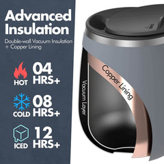 GRANDTIES Taza de café aislada con asa, tapa deslizante de 16 onzas con forma de copa de vino a prueba de salpicaduras, vaso térmico con doble pared, de acero inoxidable, al vacío para mantener las bebidas calientes o frías, color gris piedra.