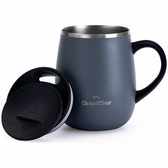 GRANDTIES Taza de café aislada con asa, tapa deslizante de 16 onzas con forma de copa de vino a prueba de salpicaduras, vaso térmico con doble pared, de acero inoxidable, al vacío para mantener las bebidas calientes o frías, color gris piedra.