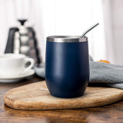 Vaso para vino de acero inoxidable con tapa, de 12 onzas, pared doble aislada al vacío, para café, vino, cócteles, helado, con tapa y pajilla. (Color Azul Marino)