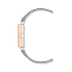 Reloj con correa para mujer marca Nine West. Brazalete color gris con esfera en color plata con detalles en color rosegold