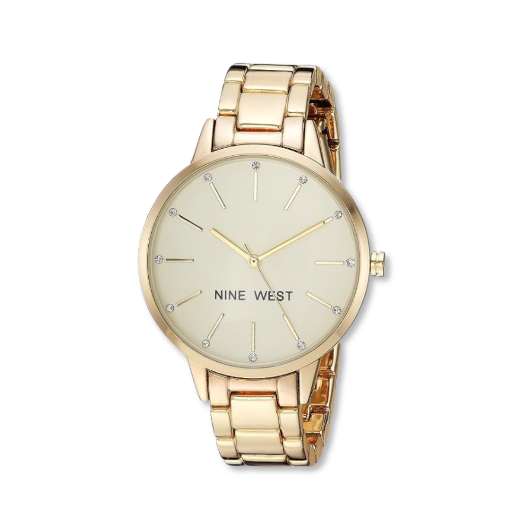Reloj de pulsera con detalles de cristal para dama marca Nine West. Brazalete metálico color dorado.