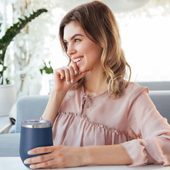 Vaso para vino de acero inoxidable con tapa, de 12 onzas, pared doble aislada al vacío, para café, vino, cócteles, helado, con tapa y pajilla. (Color Azul Marino)