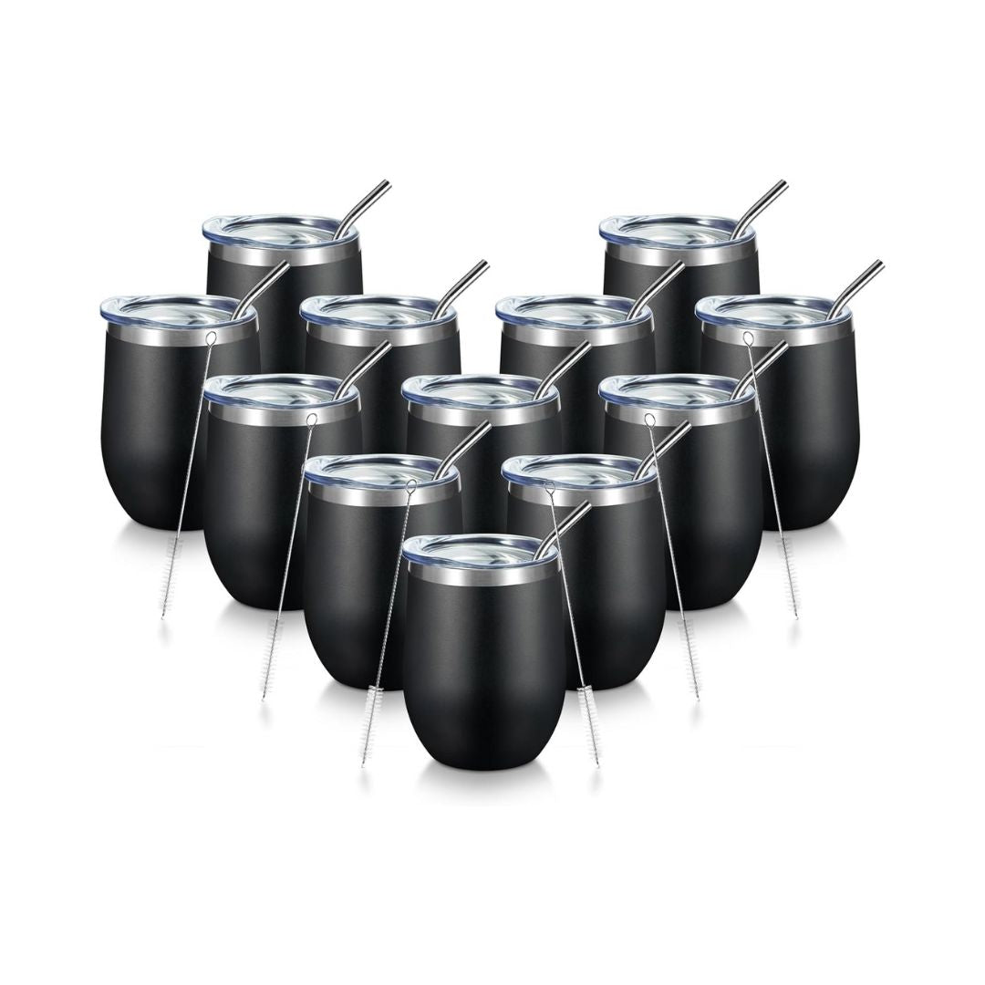 Vaso para vino de acero inoxidable con tapa, de 12 onzas, pared doble aislada al vacío, para café, vino, cócteles, helado, con tapa y pajilla. (Color Negro)