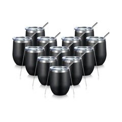Vaso para vino de acero inoxidable con tapa, de 12 onzas, pared doble aislada al vacío, para café, vino, cócteles, helado, con tapa y pajilla. (Color Negro)