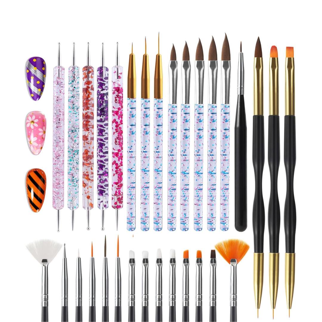 Artdone 31 pinceles para arte de uñas, juego de herramientas para arte de uñas, herramientas de punteado, cepillo de polvo, pinceles para líneas finas, pluma de dibujo para diseños.