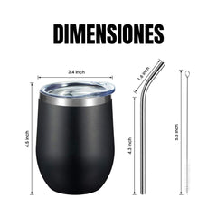 Vaso para vino de acero inoxidable con tapa, de 12 onzas, pared doble aislada al vacío, para café, vino, cócteles, helado, con tapa y pajilla. (Color Negro)