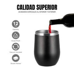 Vaso para vino de acero inoxidable con tapa, de 12 onzas, pared doble aislada al vacío, para café, vino, cócteles, helado, con tapa y pajilla. (Color Negro)