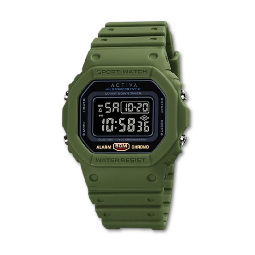 Reloj Digital para Hombre. Marca Activa by Invicta Essentials. Color Verde Olivo y Negro. Digital Essentials.