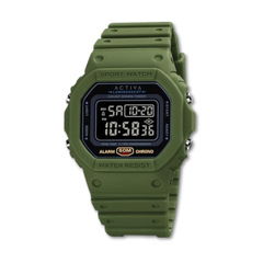 Reloj Digital para Hombre. Marca Activa by Invicta Essentials. Color Verde Olivo y Negro. Digital Essentials.