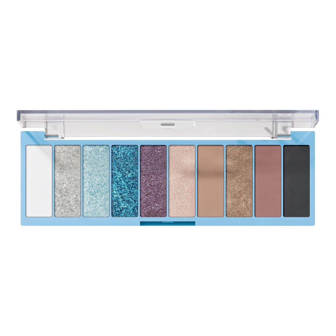 Paleta de sombras de ojos, marca e.l.f. Perfect 10, diez tonos ultrapigmentados: azul, celeste, plateado, morado y dorado metálicos, más cinco todos neutros, fórmula mezclable., vegano y libre de crueldad animal. Paleta de color Intergalactic.