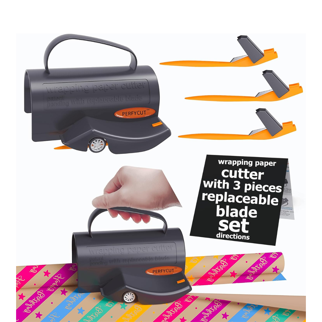 PERFYCUT Cortador de papel de regalo de rollo, con 3 juegos de cuchillas reemplazables, para papel de regalo de cumpleaños, cortador de rollo de papel de regalo y cortador de papel de regalo de Navidad.