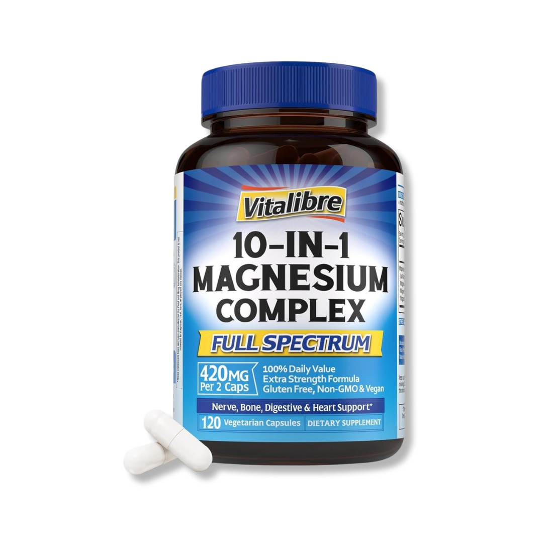 Complejo de magnesio 10 en 1, 420 mg de magnesio elemental, suplemento de magnesio quelado para dormir, nervios y salud cardíaca,  120 cápsulas