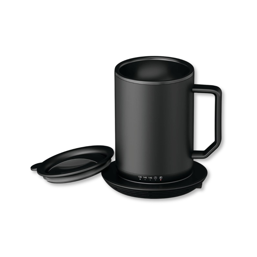 ionMug y posavasos de carga: taza de café de acero inoxidable con autocalentamiento y tapa (12 oz), 3,5" x 3,5" x 5"